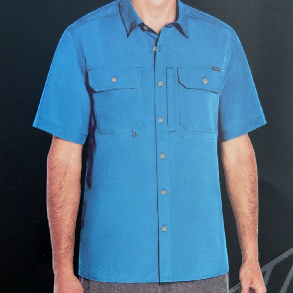 Eddie Bauer Woven Tech Shirt UPF Wicking Mesh Lined Sunglasses Bungee Loop SizeM